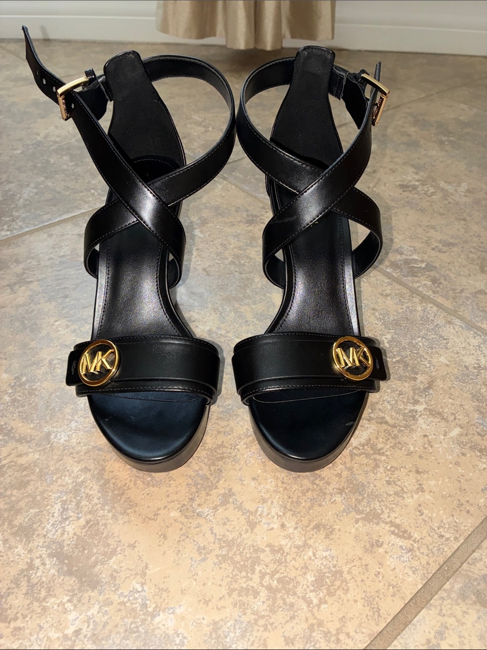 Michael Kors Black Leather Crisscross Ankle Strap Heels with Gold MK Medallions